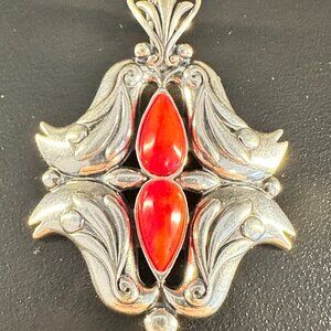 Vintage 925 Sterling Silver Red Cabochon Ornate Pendant 15g Statement Piece